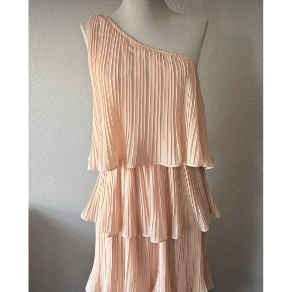 Lulus Blush Pink One Shoulder Midi Tiered Dress Summer Wedding Vacation Medium - Picture 2 of 11